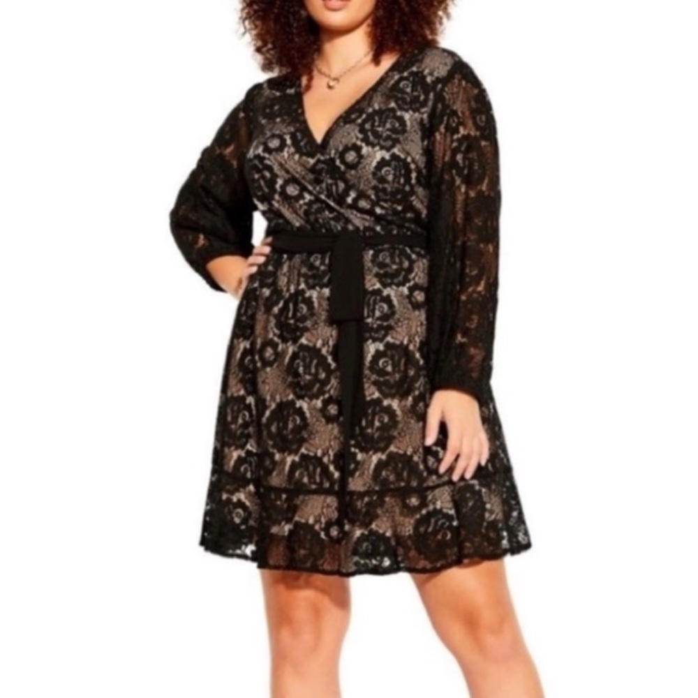 City Chic Black Lace fly away belted Dress Sz 16 New
